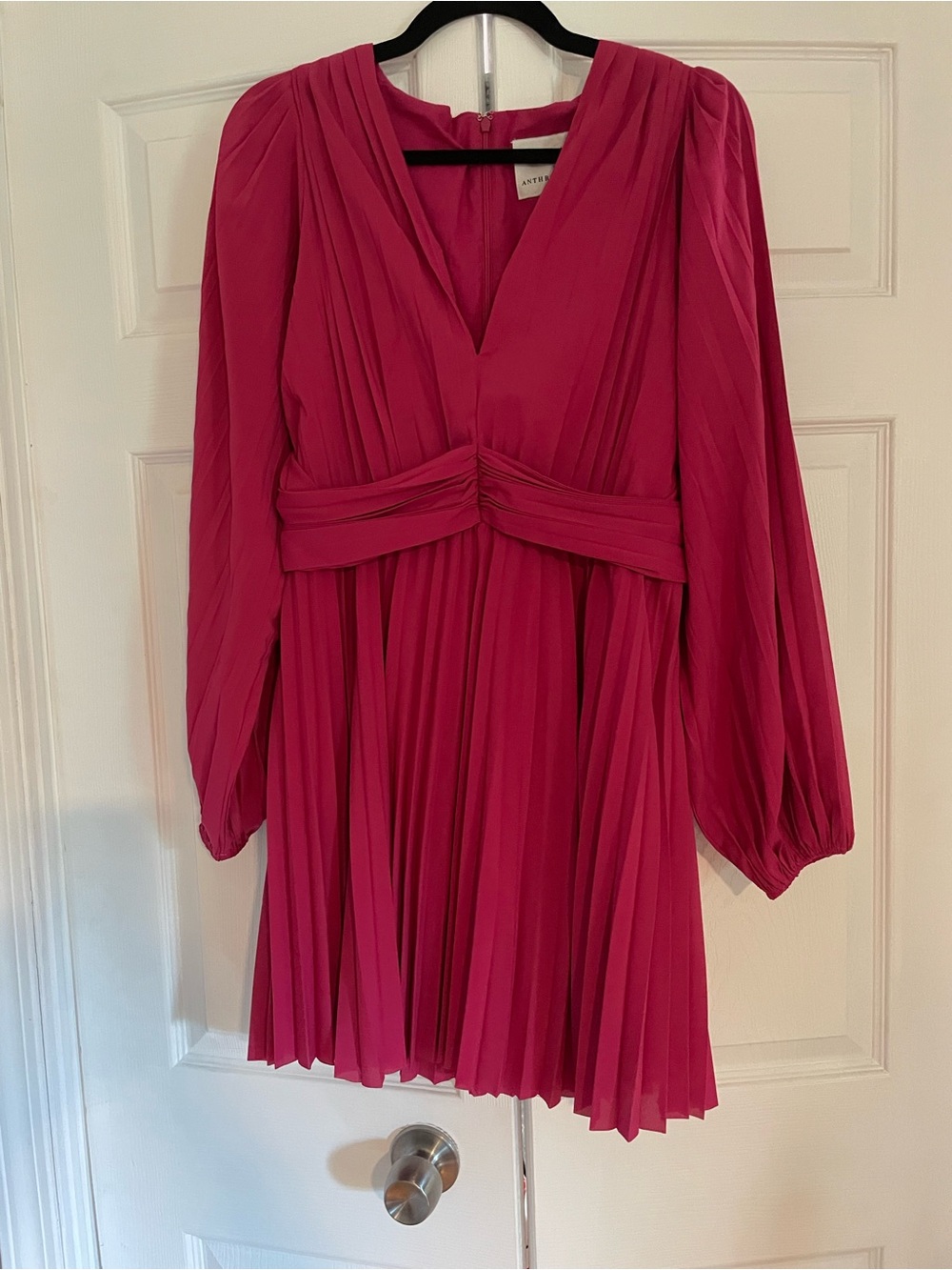 Anthropologie Fuchsia Long-Sleeve Pleated Mini Dress